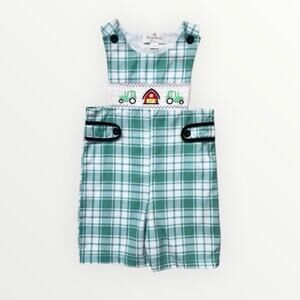 Marie Nicole Boys Jon Jon 6-12M Green Plaid Smocked Tractors Barn Shortalls
